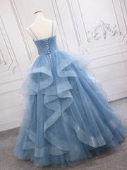 Shiny V Neck Blue Corset Prom Dresses, Shiny V Neck Blue Corset Formal Evening Dresses outfit, Party Dress Near Me