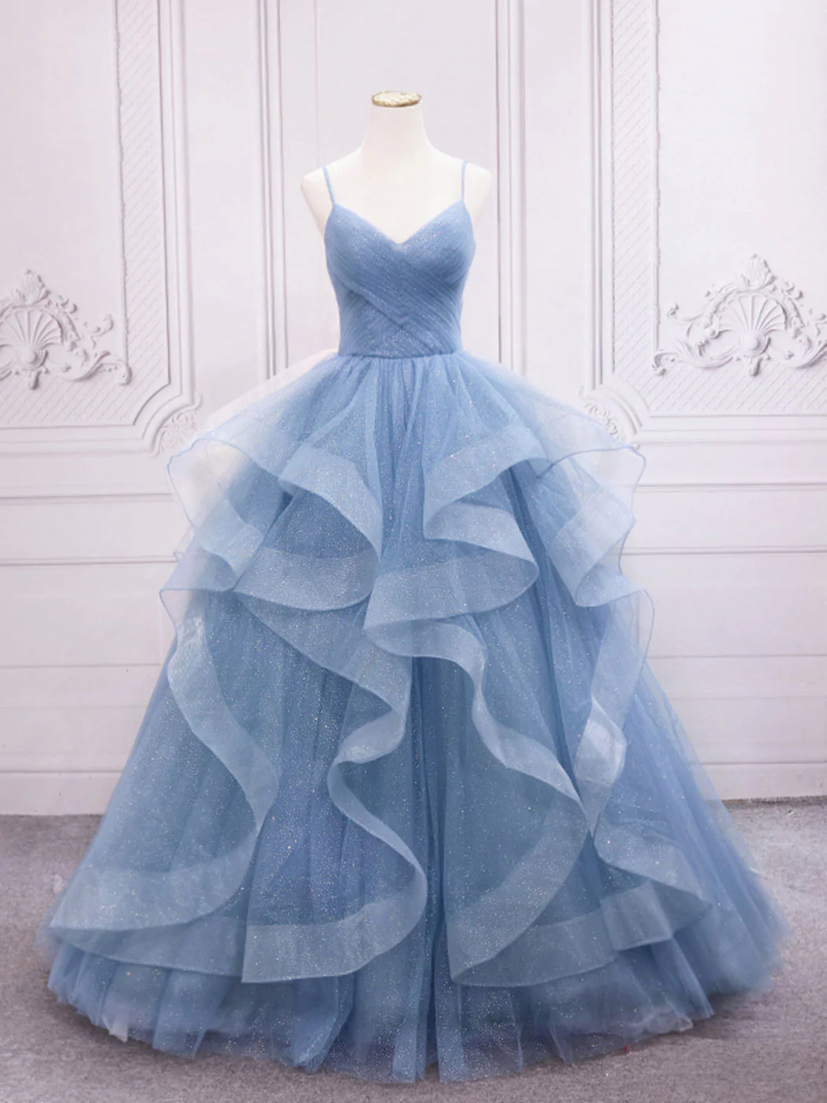 Shiny V Neck Blue Corset Prom Dresses, Shiny V Neck Blue Corset Formal Evening Dresses outfit, Party Dresses Shop