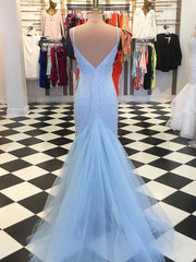 Shiny V Neck Mermaid Blue Corset Prom Dresses, V Neck Blue Mermaid Corset Formal Evening Dresses outfit, Formal Dresses Elegant