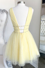 Shiny V Neck Open Back Yellow Tulle Short Corset Prom Dress, V Neck Yellow Corset Formal Graduation Corset Homecoming Dress outfit, Vacation Dress
