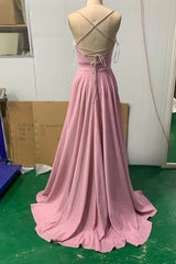 Shiny V Neck Pink Long Corset Prom Dresses, Pink V Neck Long Corset Formal Evening Dresses outfit, Formal Dresses For Wedding Guests