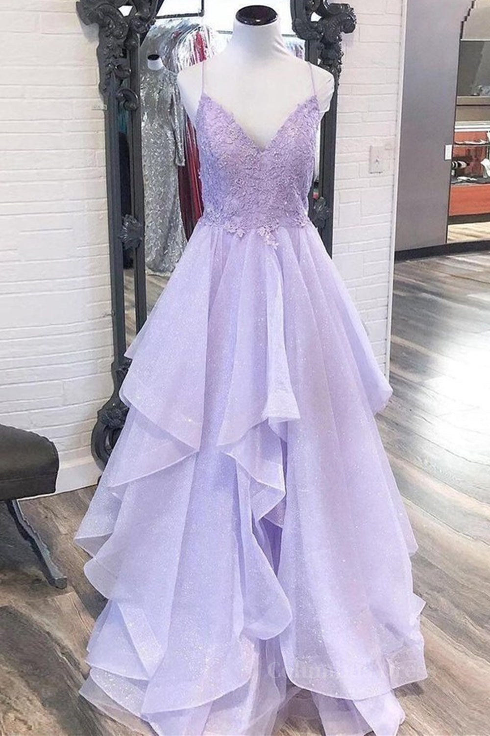 Shiny V Neck Purple Lace Long Corset Prom Dresses, Purple Lace Corset Formal Evening Dresses, Purple Corset Ball Gown outfits, Cute Dress Outfit