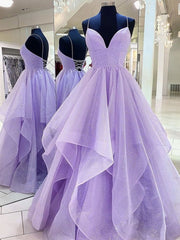 Shiny V Neck Purple Long Corset Prom Dresses, Purple V Neck Long Corset Formal Evening Dresses outfit, Formal Dresses For Weddings