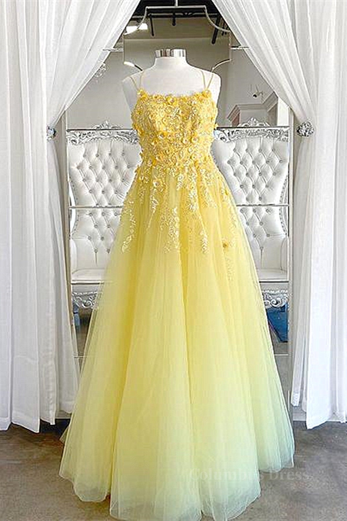Shiny Yellow Lace Floral Corset Prom Dresses, Shiny Yellow Lace Floral Corset Formal Evening Dresses outfit, Formal Dresses