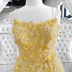 Shiny Yellow Lace Floral Corset Prom Dresses, Shiny Yellow Lace Floral Corset Formal Evening Dresses outfit, Formal Dress Suits For Ladies