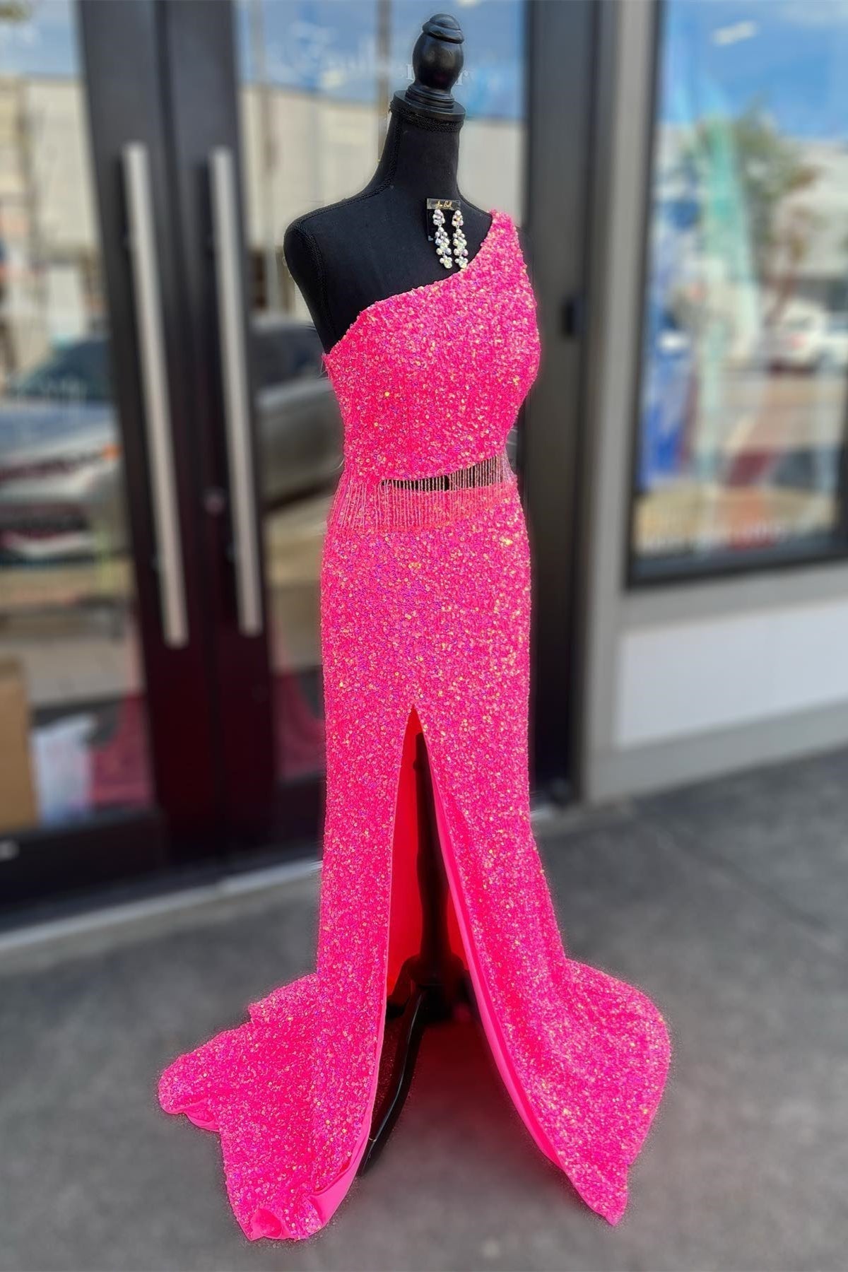 Fuchsia One Shoulder Sequins Tassels Cut-Out Long Corset Prom Dress with Slit Gowns, Debutant Dress