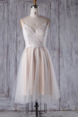 Short A-line Spaghetti Strap Lace Tulle Corset Wedding Dress outfit, Wedding Dresses Sleeve