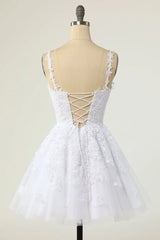 Short A-line V-neck Tulle Lace Backless Corset Prom Dress white Corset Homecoming Dresses outfit, Elegant Dress Classy