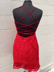 Short Backless Red Lace Corset Prom Dresses, Open Back Short Red Lace Corset Formal Corset Homecoming Dresses outfit, Bridesmaid Dress Dark