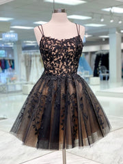 Short Champagne Black Lace Corset Prom Dresses, Short Black Lace Graduation Corset Homecoming Dresses outfit, Quince Dress