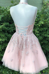 Short Halter Neck Pink Lace Corset Prom Dresses, Halter Neck Short Pink Lace Graduation Corset Homecoming Dresses outfit, Vintage Prom Dress