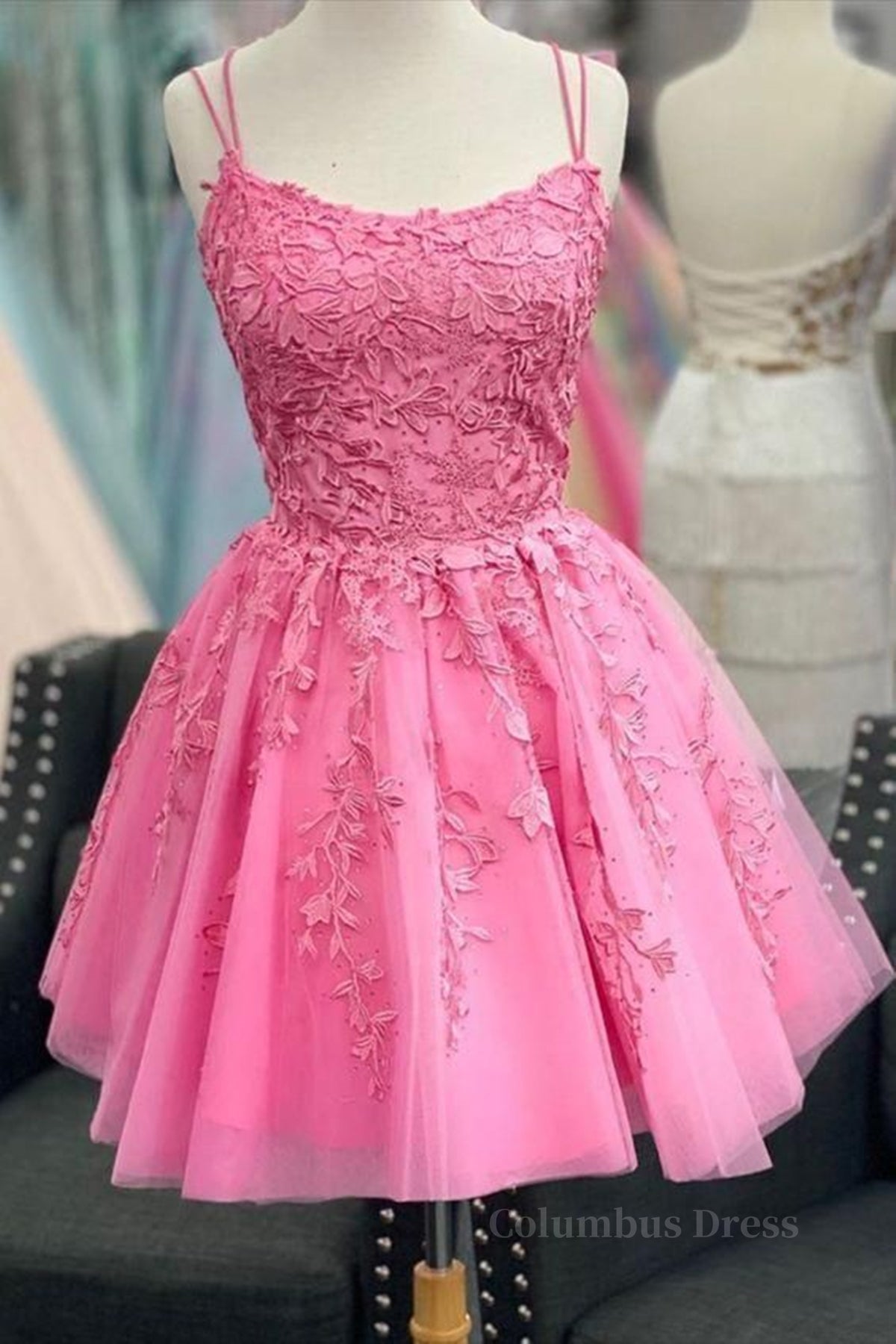 Short Pink Backless Lace Corset Prom Dresses, Short Pink Open Back Corset Formal Corset Homecoming Dresses outfit, Evening Dress Long