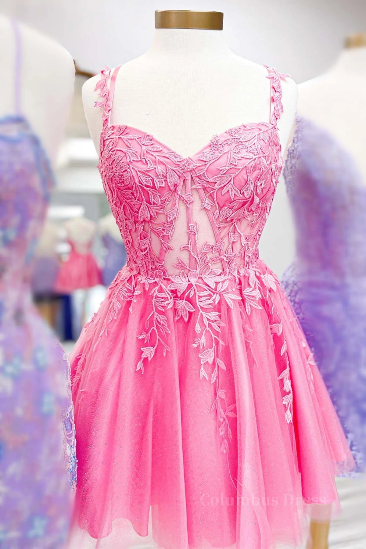 Short Pink Lace Corset Prom Dresses, Short Pink Lace Corset Formal Corset Homecoming Dresses outfit, Evenning Dresses Long