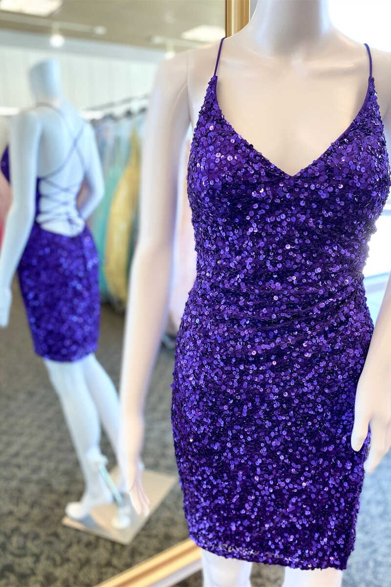 Short Purple Sequined V-Neck Party Dress Corset Homecoming Dresses outfit, Homecoming Dress With Tulle