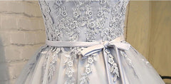 Short Sleeves Silver Gray Lace Corset Prom Dresses, Lace Graduation Corset Homecoming Dresses outfit, Night Out Outfit