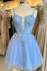 Short V Neck Blue Lace Corset Prom Dresses, V Neck Short Blue Lace Corset Formal Corset Homecoming Dresses outfit, Evening Dress Online