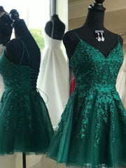 Short V Neck Dark Green Lace Corset Prom Dresses, Short Dark Green Lace Graduation Corset Homecoming Dresses outfit, Party Dress For Over 60