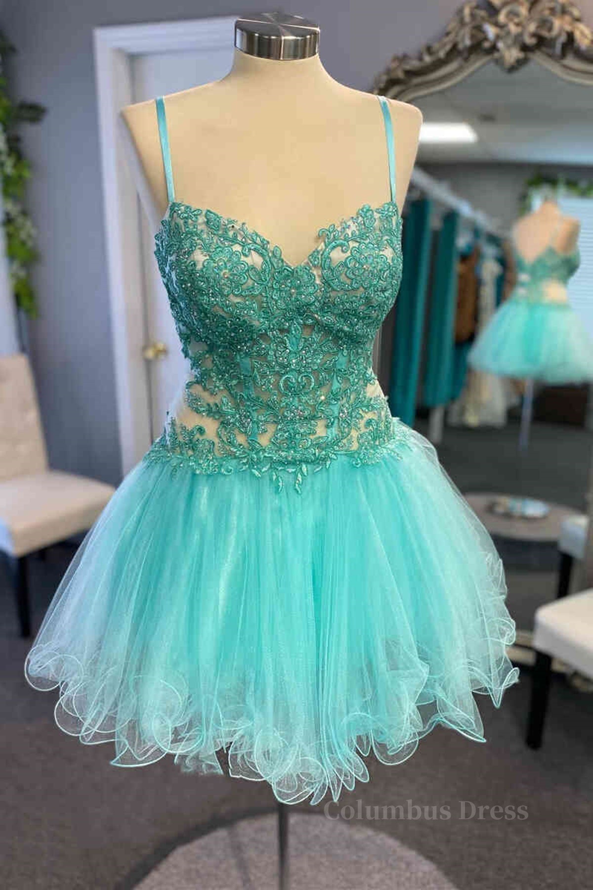 Short V Neck Mint Green Lace Corset Prom Dresses, Short Mint Green Lace Corset Formal Corset Homecoming Dresses outfit, Evening Dress Stunning