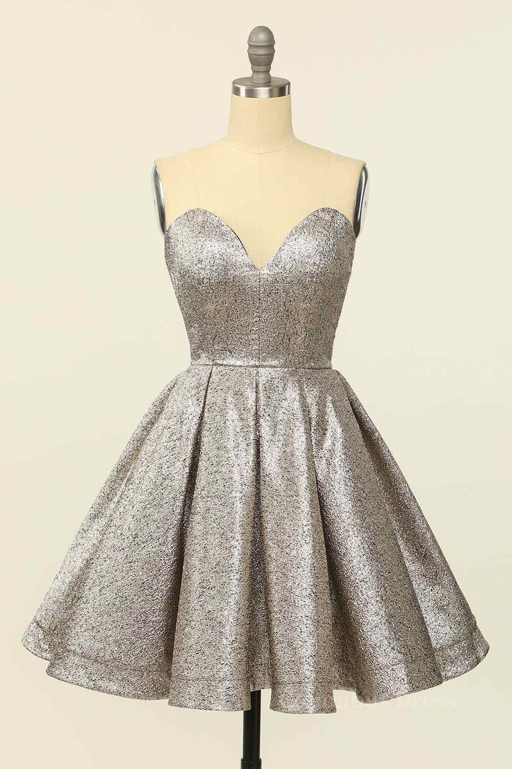 Silver A-line Strapless Sweetheart Lace-Up Back Mini Corset Homecoming Dress outfit, Party Dress Boots