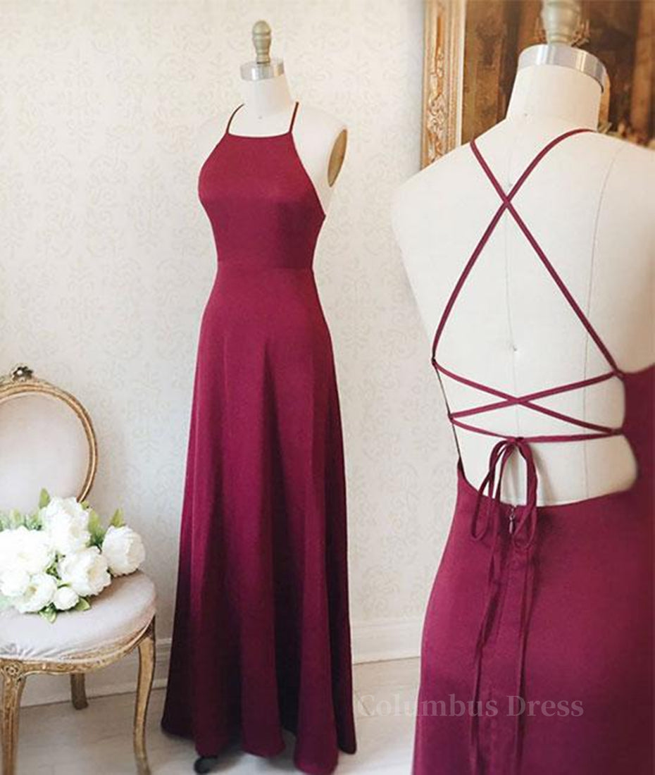 Simple A Line Backless Burgundy Satin Long Corset Prom Dresses, Burgundy Corset Formal Dresses, Burgundy Evening Dresses outfit, Bridesmaid Dresses Champagne