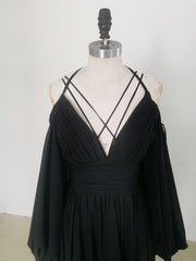 Simple A line Black Long Corset Prom Dress, Black Evening Graduation Dresses outfit, Party Dress Long Sleeve