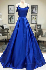 Simple A Line Royal Blue Satin Long Corset Prom Dress, Royal Blue Corset Formal Dress, Royal Blue Evening Dress outfit, Evening Dresses Floral