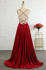 Simple A Line Spaghetti Straps Burgundy Long Corset Prom Dress with Cirss Cross Back Gowns, Simple A Line Spaghetti Straps Burgundy Long Prom Dress with Cirss Cross Back