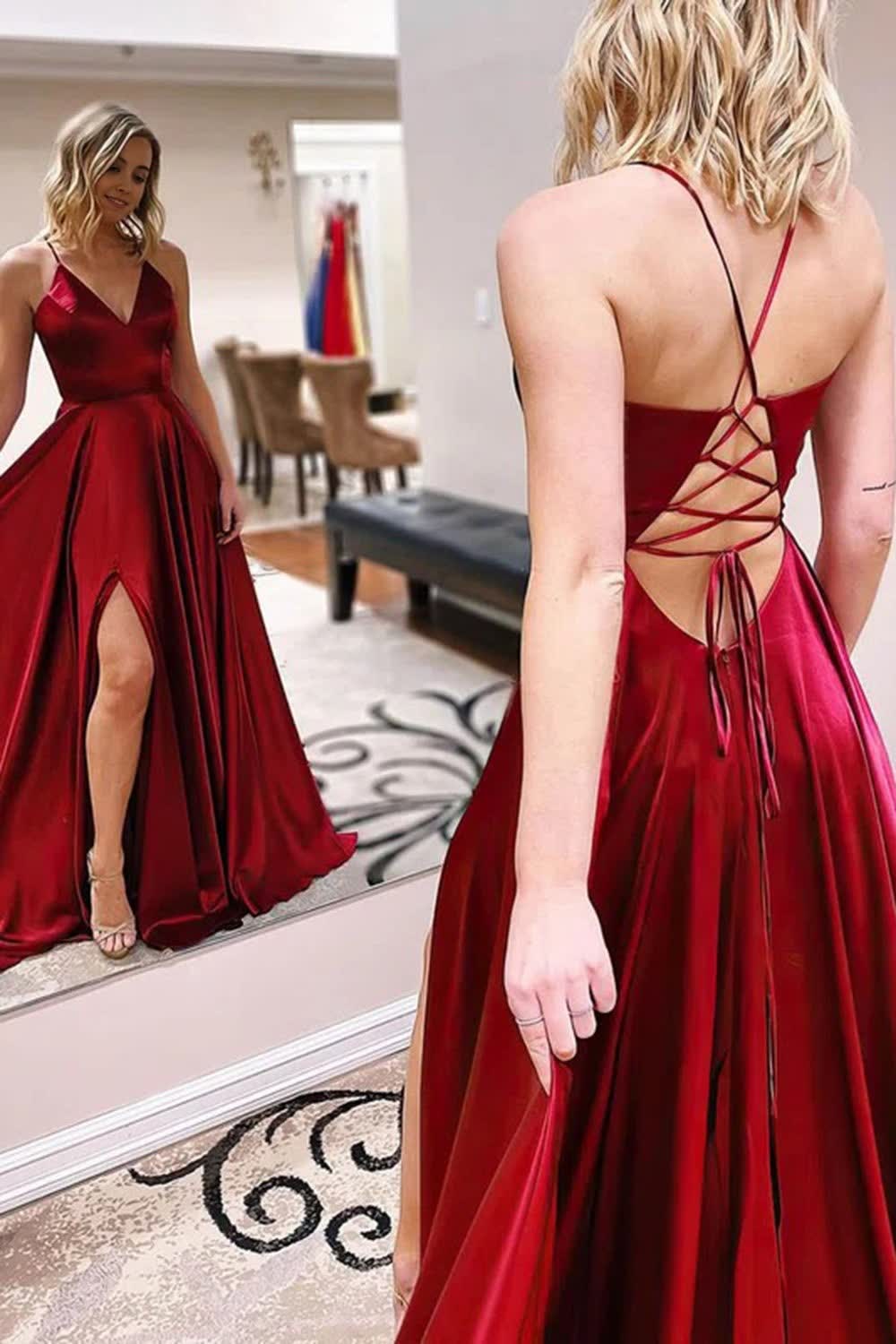 Simple A Line Spaghetti Straps Burgundy Long Corset Prom Dress with Criss Cross Back Gowns, Simple A Line Spaghetti Straps Burgundy Long Prom Dress with Criss Cross Back