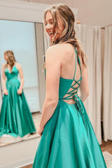 Simple A Line Spaghetti Straps Green Long Corset Prom Dress with Slit Gowns, Simple A Line Spaghetti Straps Green Long Prom Dress with Slit