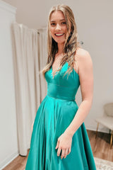 Simple A Line Spaghetti Straps Green Long Corset Prom Dress with Slit Gowns, Simple A Line Spaghetti Straps Green Long Prom Dress with Slit