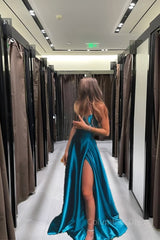 Simple A-Line Stunning Blue Corset Prom Dresses, Long Corset Formal Evening Gowns With Slit Gowns, Simple A-Line Stunning Blue Prom Dresses