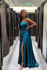 Simple A-Line Stunning Long Corset Prom Dresses, Blue Corset Formal Evening Gowns With Slit Gowns, Simple A-Line Stunning Long Prom Dresses