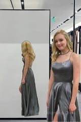Simple A-Line Stunning Long Corset Prom Dresses, Gray Corset Formal Evening Gowns With Slit Gowns, Simple A-Line Stunning Long Prom Dresses