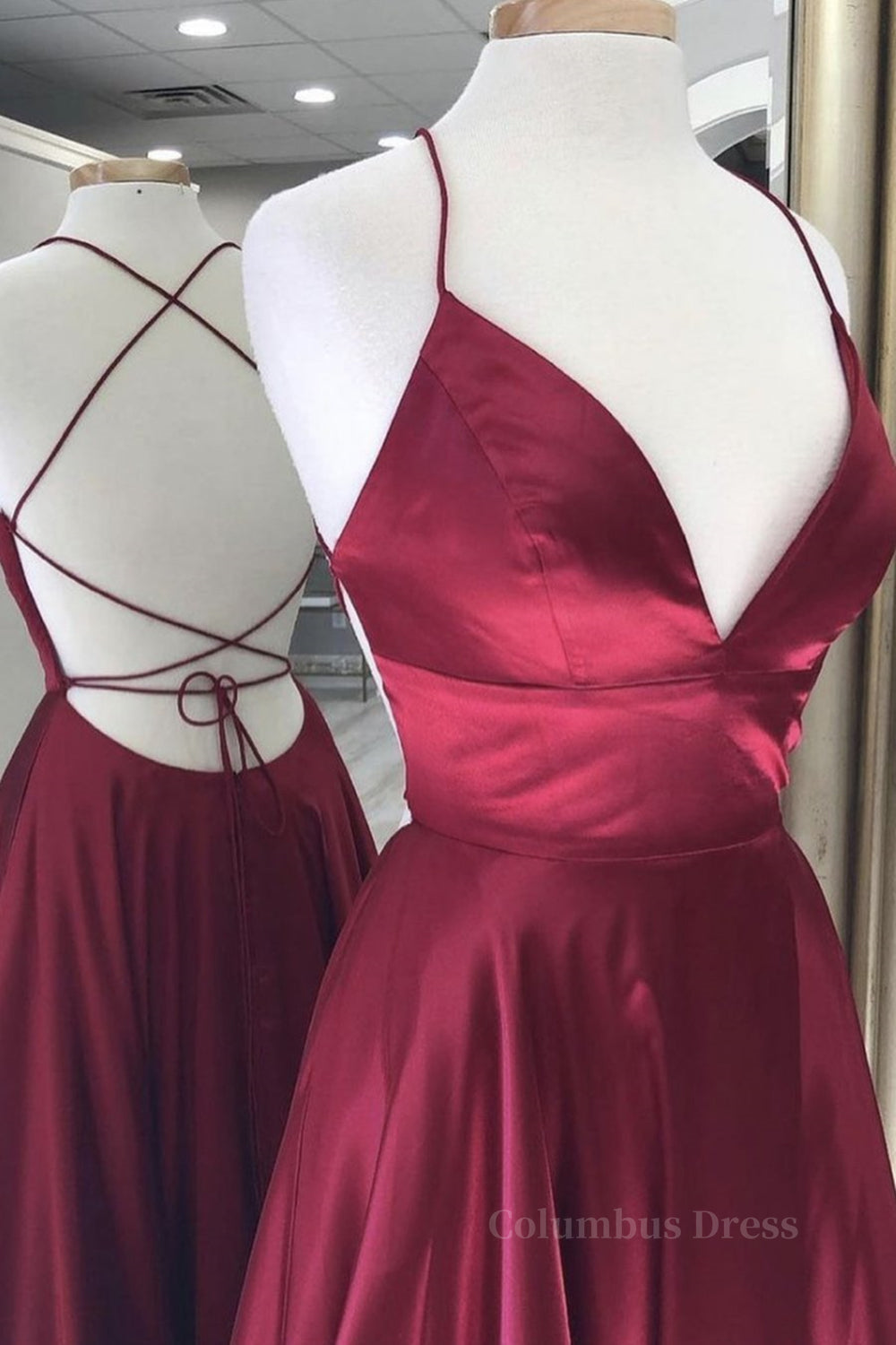 Simple A Line V Neck Backless Burgundy Long Corset Prom Dresses, Backless Burgundy Corset Formal Graduation Evening Dresses outfit, Party Dress For Girl