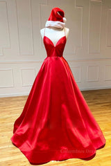 Simple A Line V Neck Backless Red Long Corset Prom Dress, Backless Red Fromal Dress, Red Evening Dress outfit, Homecoming Dresses Idea