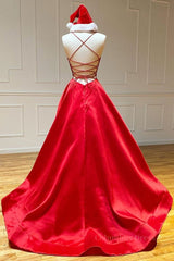 Simple A Line V Neck Backless Red Long Corset Prom Dress, Backless Red Fromal Dress, Red Evening Dress outfit, Homecoming Dress Ideas