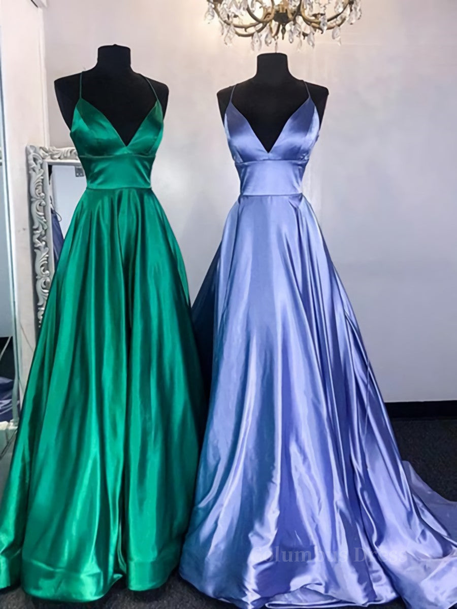 Simple A Line V Neck Emerald Green Blue Long Corset Prom Dresses, Simple Satin Long Corset Formal Evening Dresses outfit, Bridal Bouquet