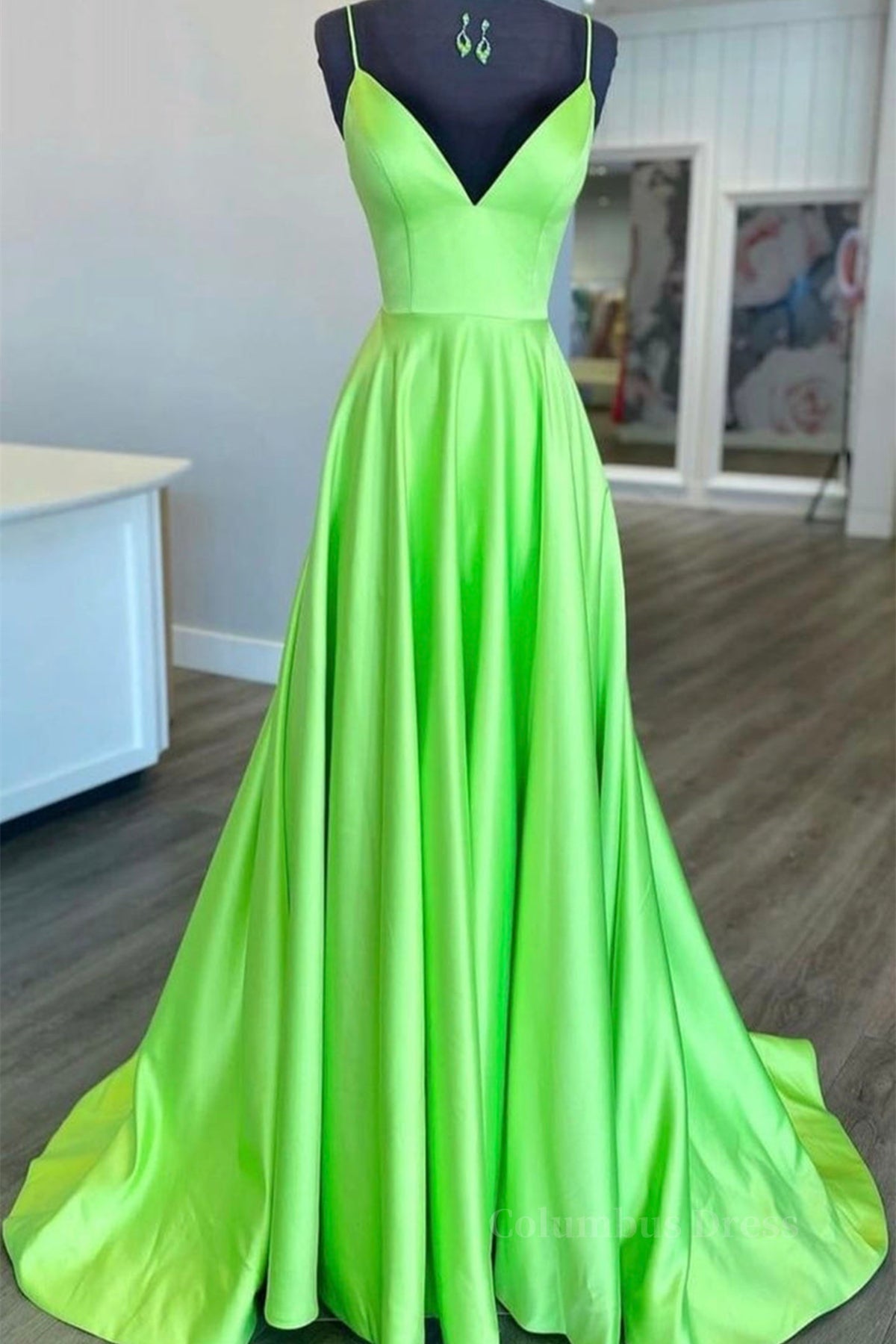 Simple A Line V Neck Green Satin Long Corset Prom Dress, V Neck Green Corset Formal Graduation Evening Dress outfit, Bridesmaids Dresses Online