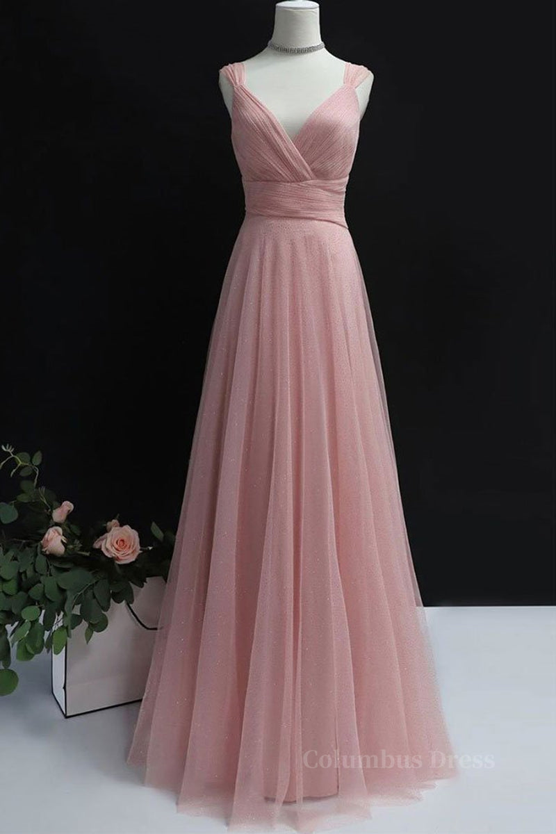 Simple A Line V Neck Pink Tulle Long Corset Prom Dress Corset Bridesmaid Dress, V Neck Pink Corset Formal Dress, Pink Evening Dress outfit, Evening Dresses Midi