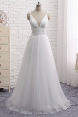 Simple A Line V Neck White Corset Wedding Dresses, V Neck White Tulle Corset Prom Corset Formal Dresses outfit, Wedding Dress A Line