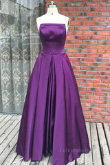 Simple Backless Purple Satin Long Corset Prom Dresses, Backless Purple Corset Formal Dresses, Purple Evening Dresses outfit, Formal Dresses With Sleeves