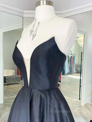 Simple black satin long Corset Prom dress, black evening dress outfit, Homecoming Dress Simple