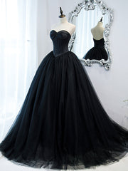 Simple Black Sweetheart Neck Tulle Long Corset Prom Dress, Black Evening Dresses outfit, Party Dress Aesthetic