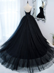 Simple Black Sweetheart Neck Tulle Long Corset Prom Dress, Black Evening Dresses outfit, Party Dress Size 102