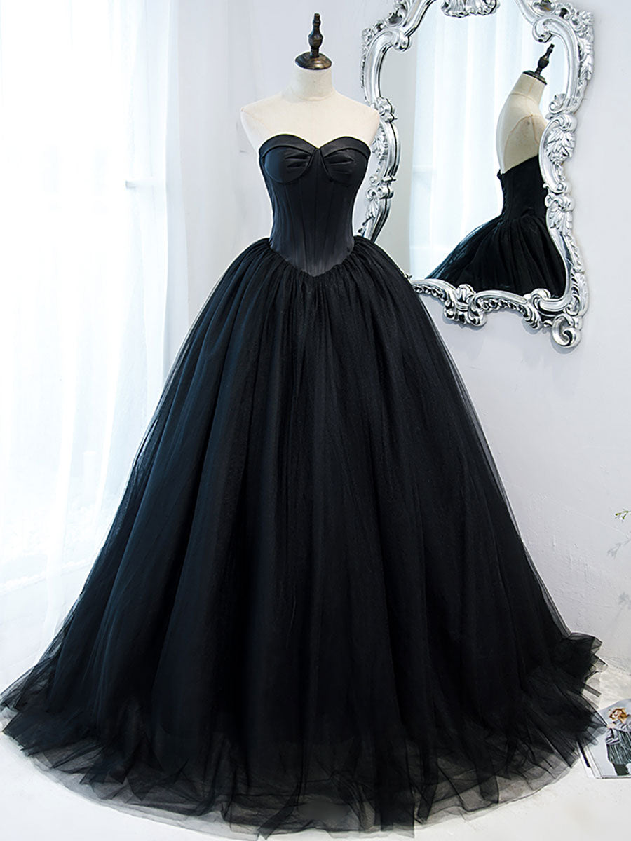 Simple Black Sweetheart Neck Tulle Long Corset Prom Dress, Black Evening Dresses outfit, Party Dress Luxury