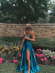 Simple Blue A-Line Satin Sleeveless Corset Prom Dresses,Long Evening Party Dresses outfit, Formal Dresses Long Sleeve