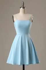 Simple Blue Open Back A Line Corset Homecoming Dress outfit, Simple Blue Open Back A Line Homecoming Dress