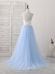 Simple Blue Tulle Long Corset Prom Dress, Blue Tulle Evening Dress outfit, Prom Dresses For Chubby Girls