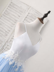 Simple Blue Tulle Long Corset Prom Dress, Blue Tulle Evening Dress outfit, Prom Dress Long With Sleeves