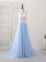 Simple Blue Tulle Long Corset Prom Dress, Blue Tulle Evening Dress outfit, Prom Dresses Tight Fitting